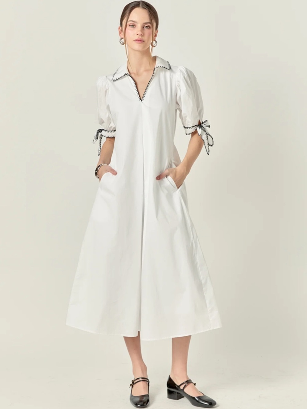 New! English Factory White Midi Dress with Black Trim size M